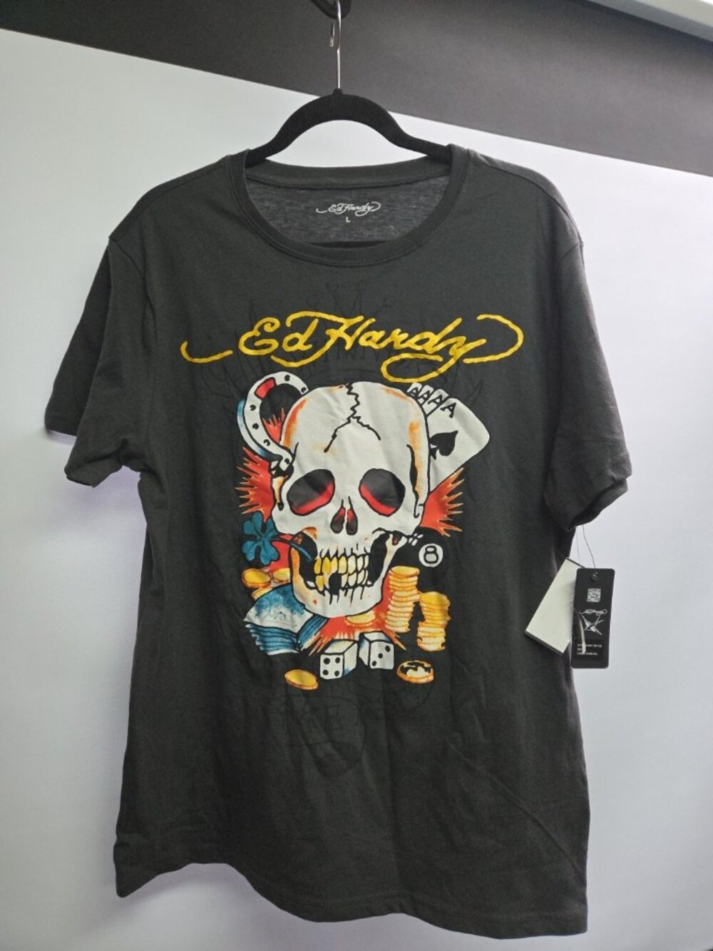 Ed Hardy Men's Ace Skull Throwback Graphic Tee Charcoal Large New